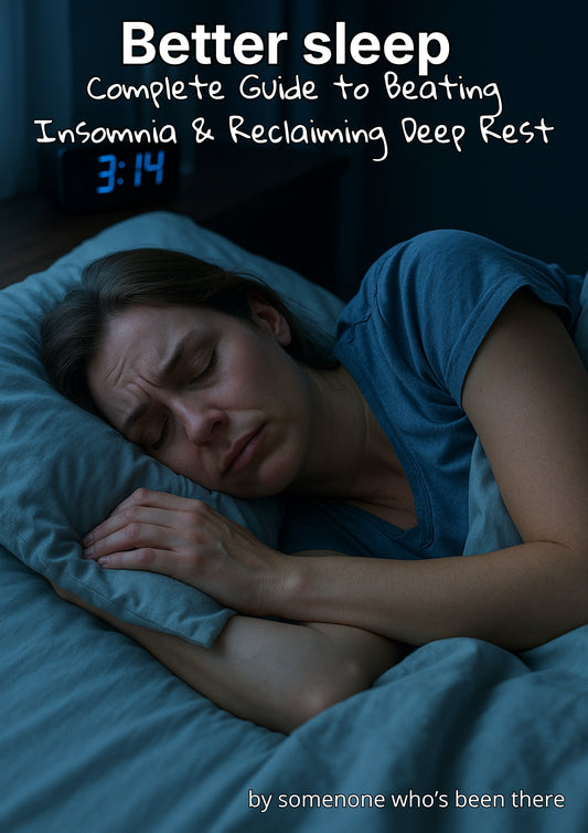 Woman lying in bed with a dark overlay and text about insomnia and deep rest.