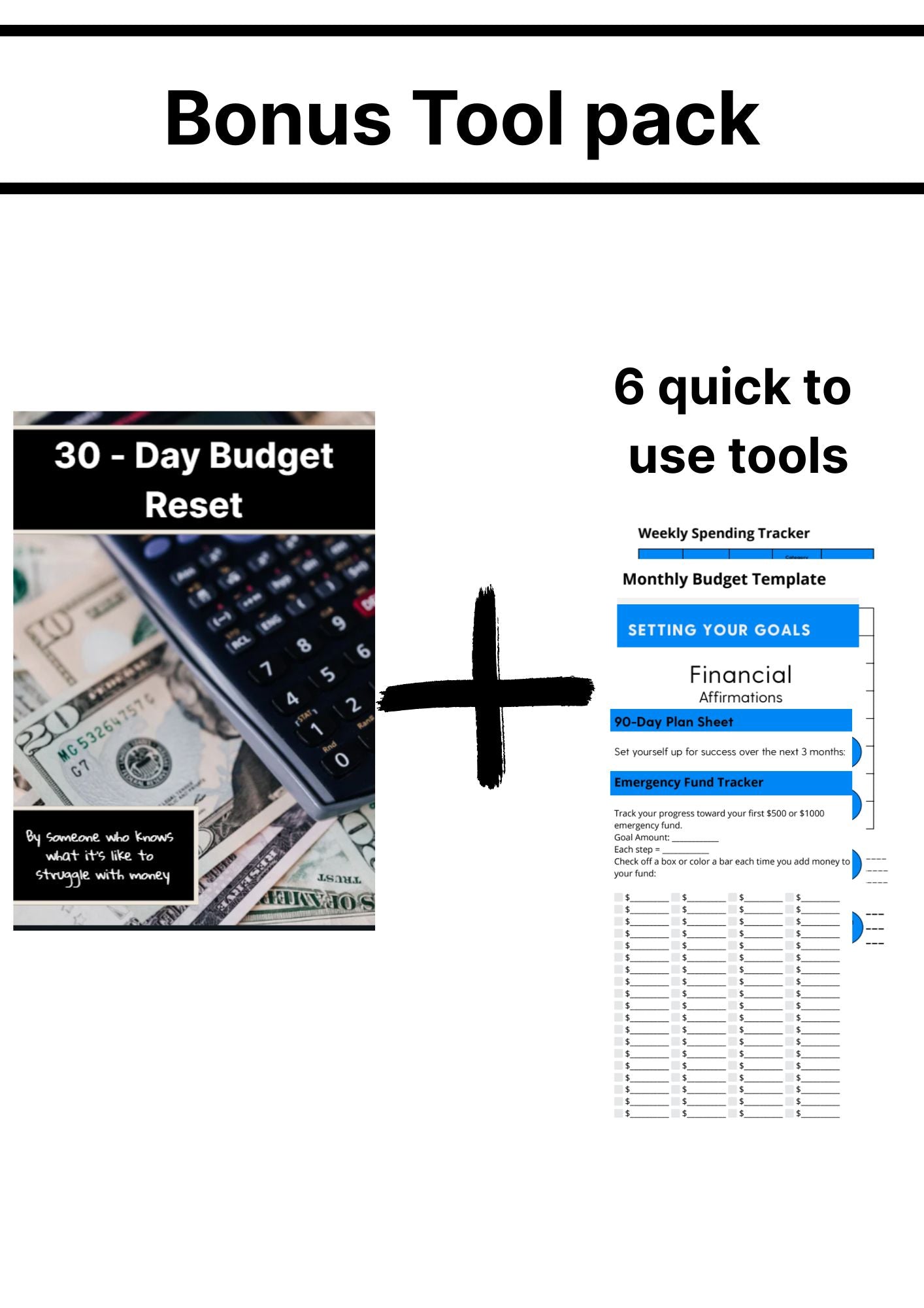 Bonus tool pack with budgeting tools and a calculator on a white background