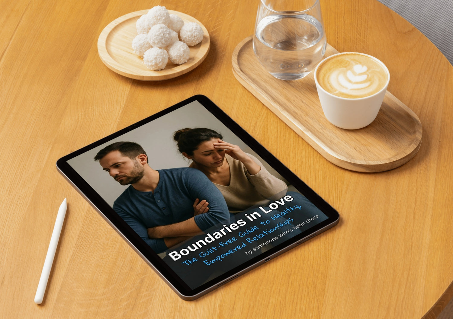 Tablet displaying a book cover titled 'Boundaries in Love' on a wooden table with a cup of coffee and glass of water.
