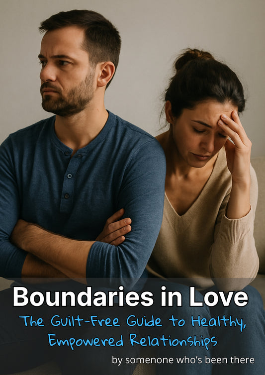 Man and woman sitting apart with text 'Boundaries in Love' on a gray background