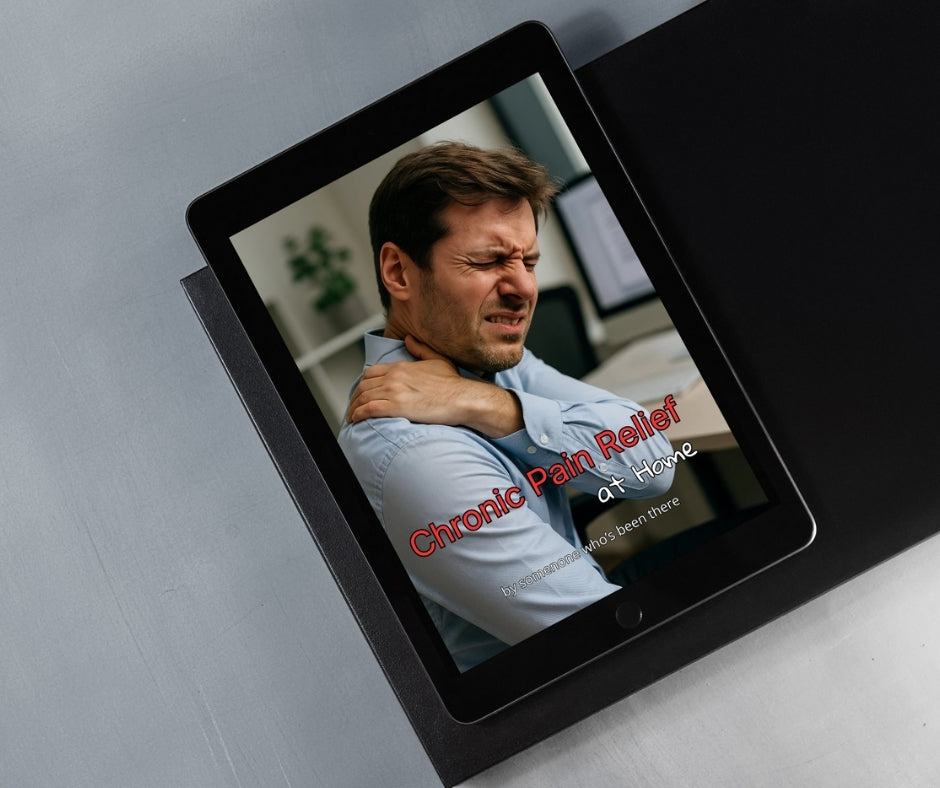 Tablet displaying a man with chronic pain relief text on a gray surface