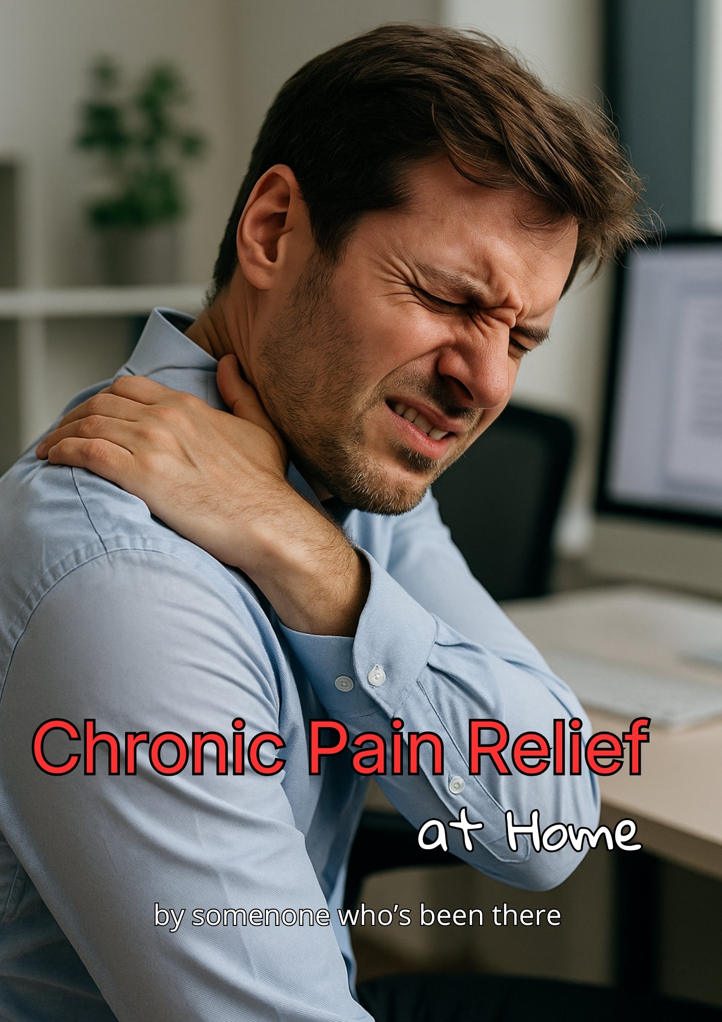 Man with chronic pain in neck and shoulders, text 'Chronic Pain Relief at Home' overlayed.
