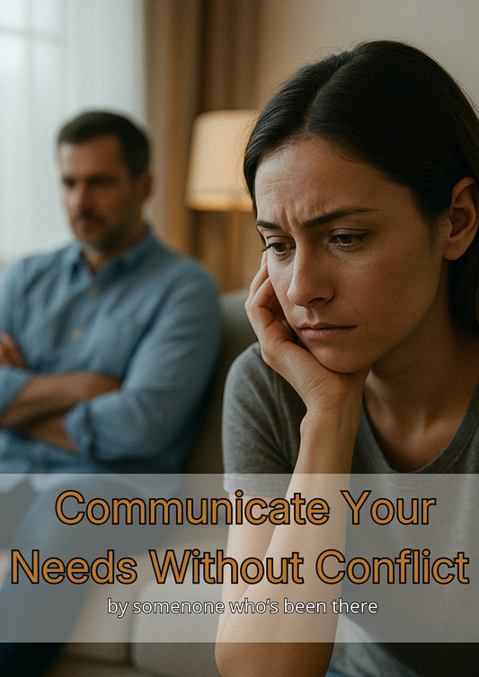 Woman with a concerned expression sitting on a couch next to a man, with text overlay 'Communicate Your Needs Without Conflict'.