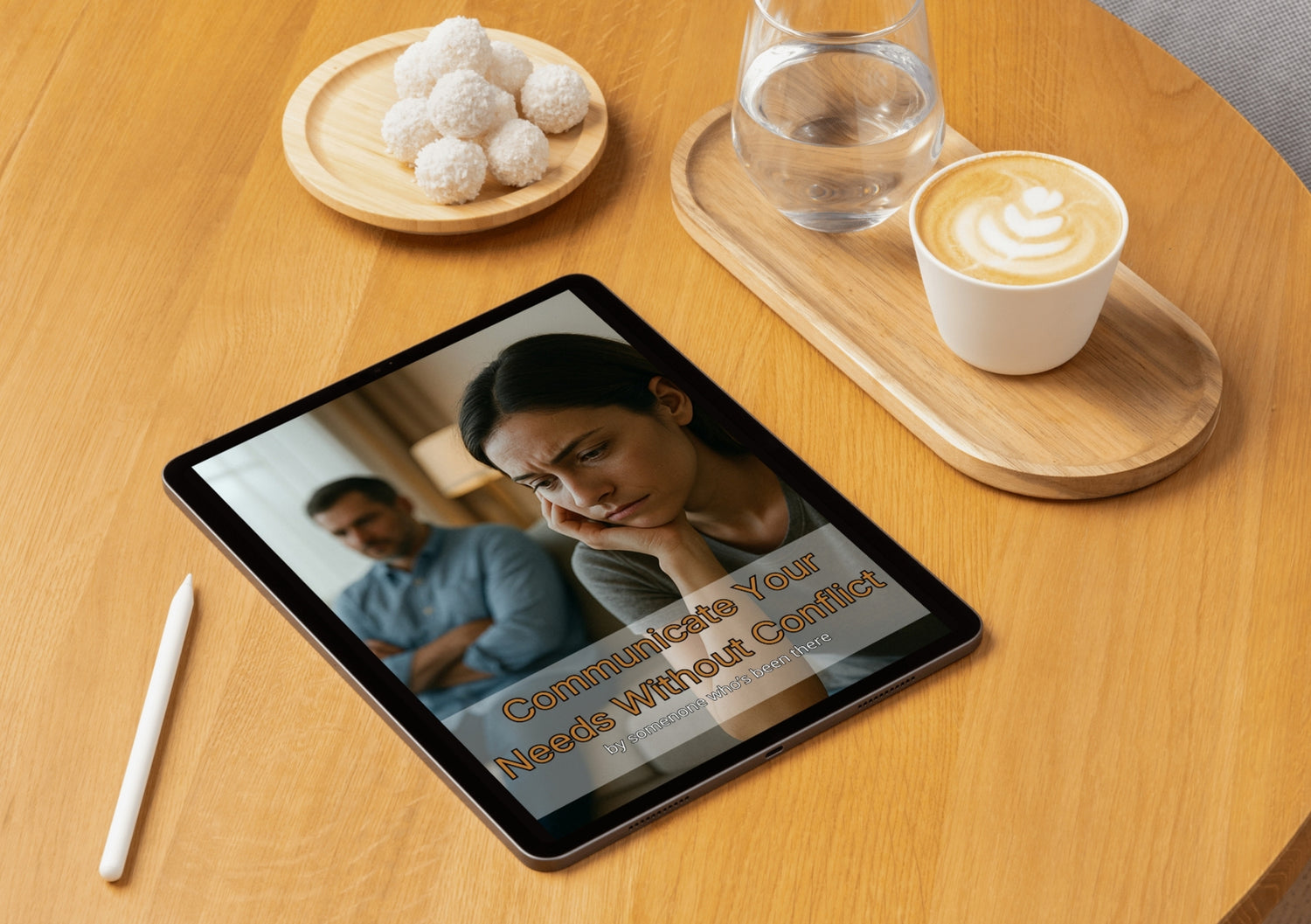 Tablet displaying a book cover on a wooden table with a cup of coffee and glass of water.