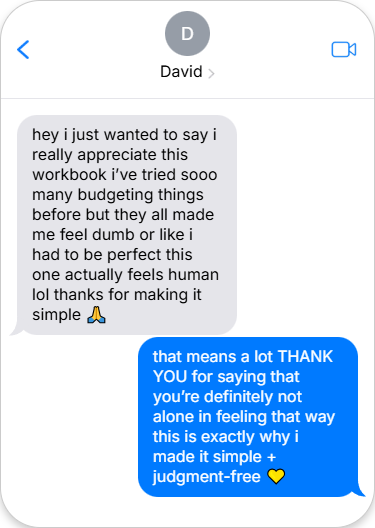 Text conversation between two users on a smartphone app interface about 30-Day Budget Reset.
