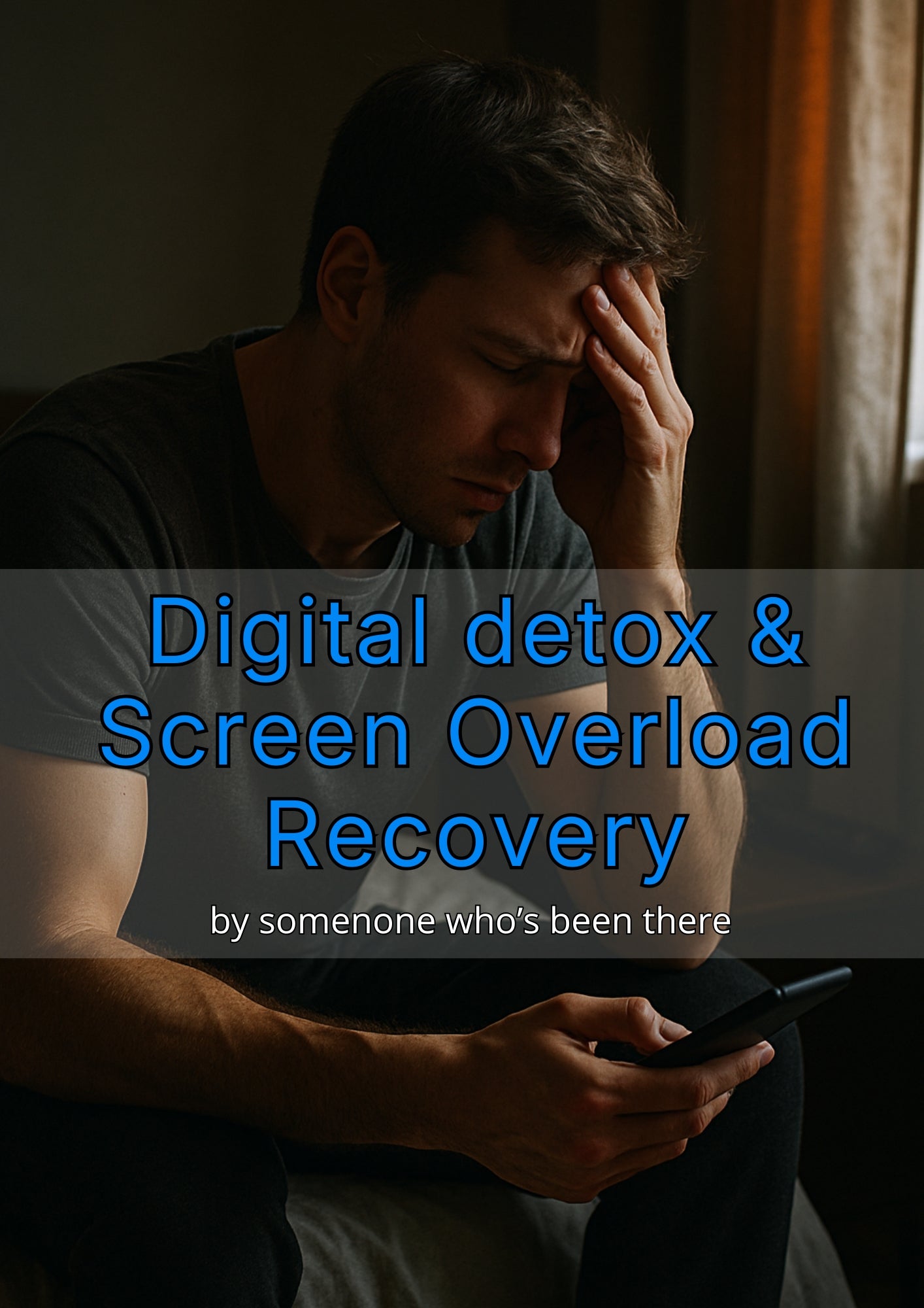 Person holding head in a dark room with text overlay about digital detox and screen overload recovery.