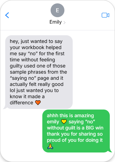 Text conversation between two users on a messaging app about Self-care Workbook with a heart emoji and green reply bubble.