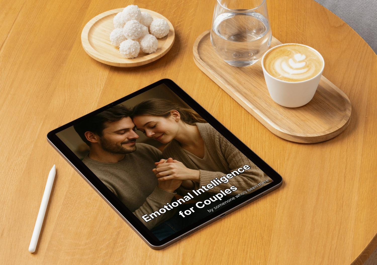 Tablet displaying 'Emotional Intelligence for Couples' on a wooden table with a cup of coffee and glass of water.