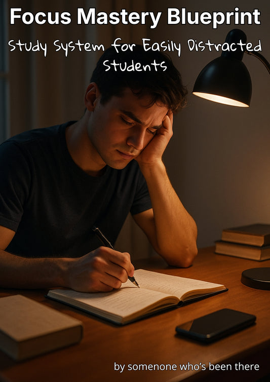 Person studying with a lamp and books on a desk, with text about a focus mastery blueprint.