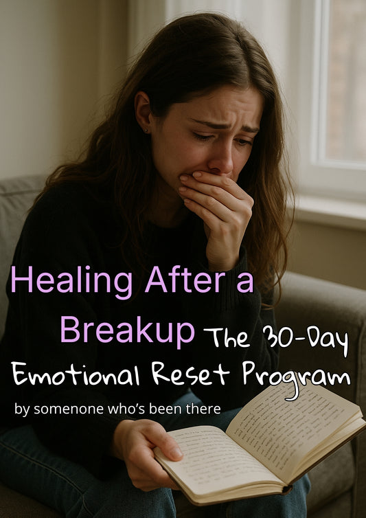 Woman reading a book with text overlay about a 30-day emotional reset program for healing after a breakup.