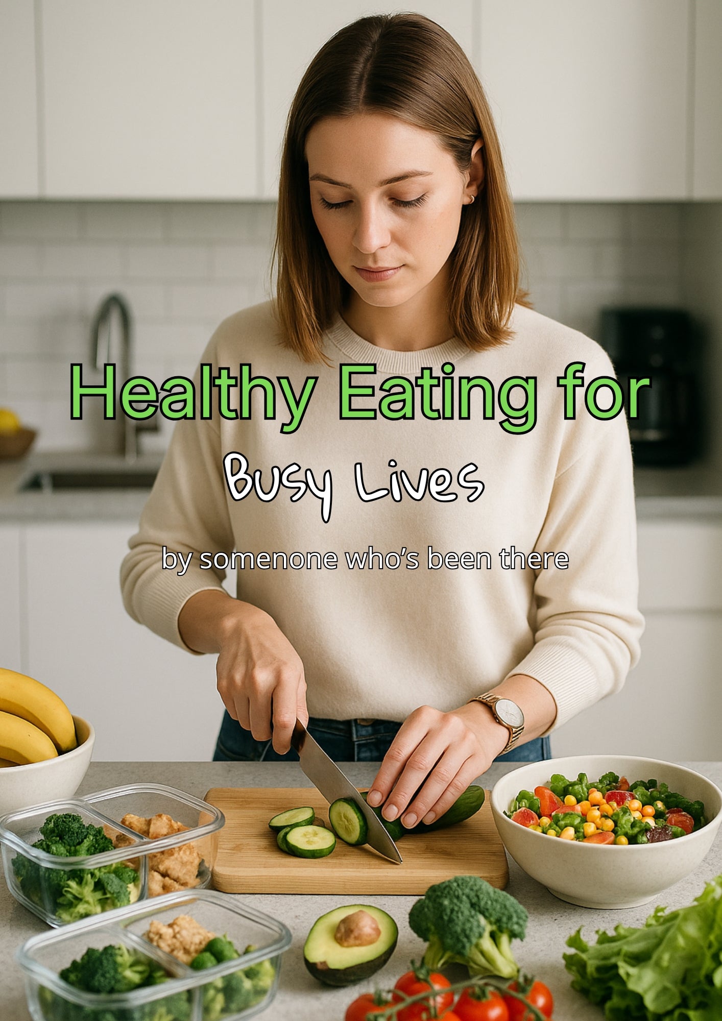 Woman preparing vegetables in a kitchen with text overlay 'Healthy Eating for Busy Lives'.
