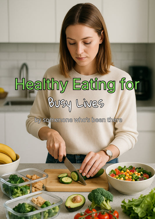Woman preparing vegetables in a kitchen with text overlay 'Healthy Eating for Busy Lives'.