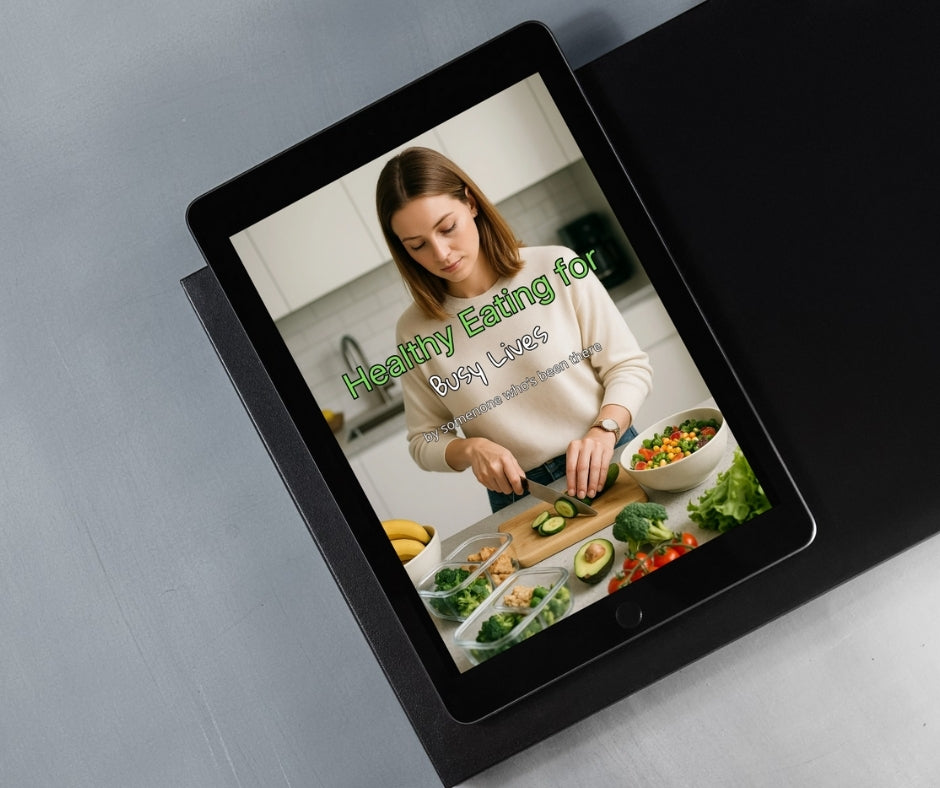 Tablet displaying a healthy eatig pdf  with a woman preparing food in a kitchen.