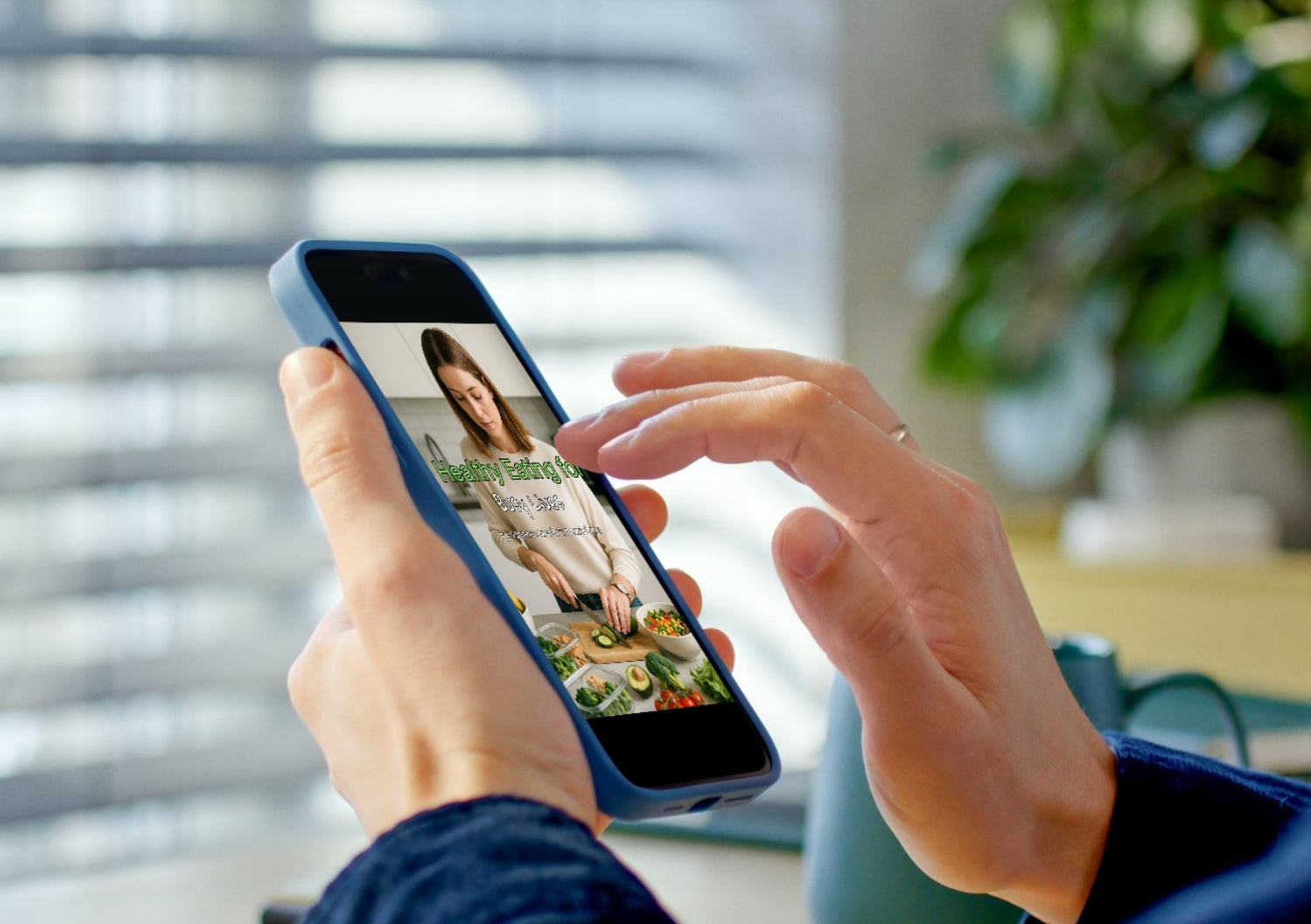 Person holding a smartphone with a healthy eating for busy people guide on the screen, blurred indoor background
