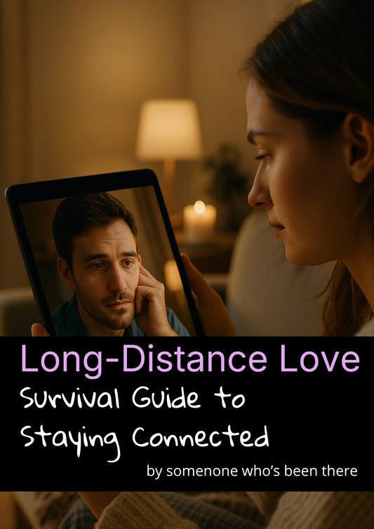 Woman looking at a tablet with a man's face on it, in a dimly lit room. Cover of the Long-Distance Love guide.