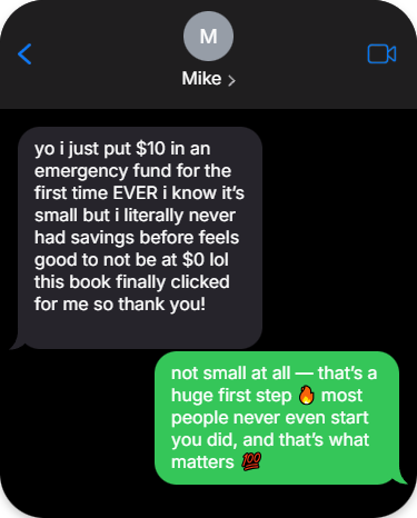 Text conversation between two users discussing starting an emergency fund from 30-Day Budget Reset.