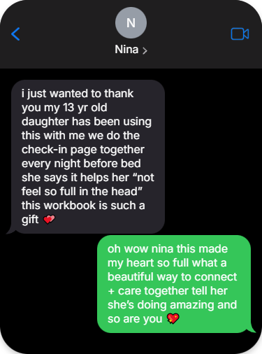 Text conversation between two users on a black background about Self-care Workbook.