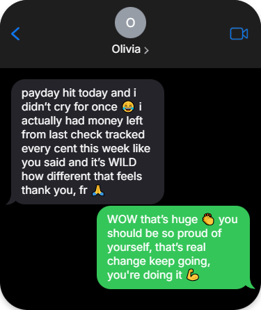 Text conversation between two users on a messaging app about 30-Day Budget Reset with a black background. 
