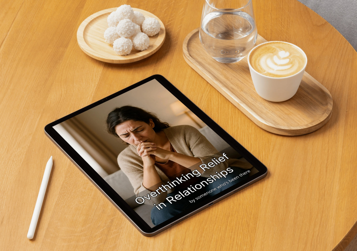 Tablet displaying a Overthinking Relief in Relationships guide on a wooden table with a cup of coffee and a glass of water.