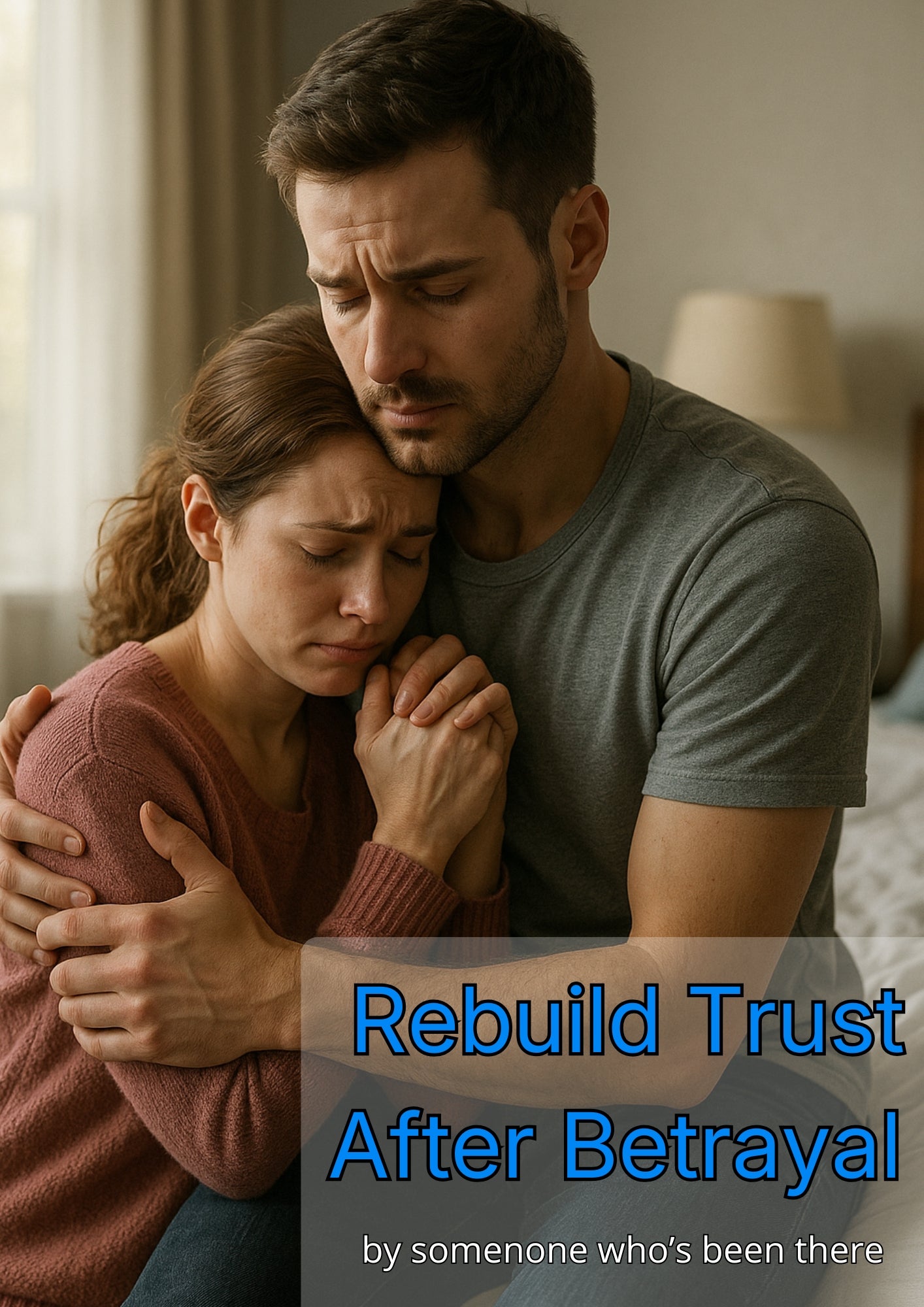 Man and woman embracing with text 'Rebuild Trust After Betrayal' in a bedroom setting