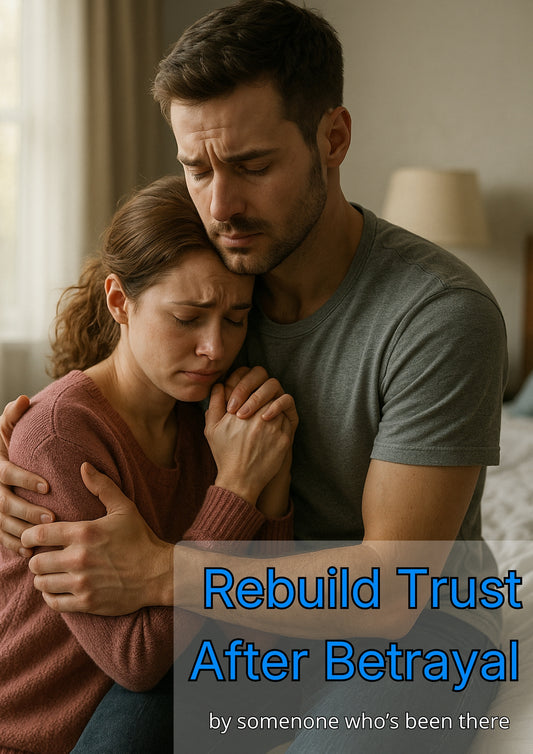 Man and woman embracing with text 'Rebuild Trust After Betrayal' in a bedroom setting