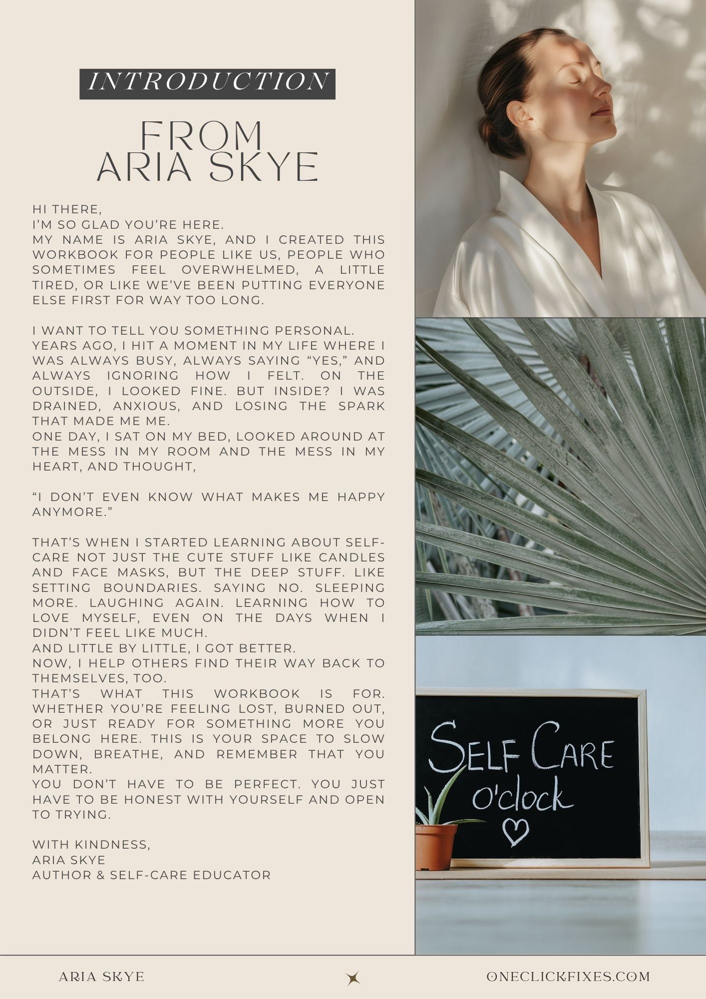 Introduction by Aria Skye with a woman in a robe and a chalkboard sign in a room.