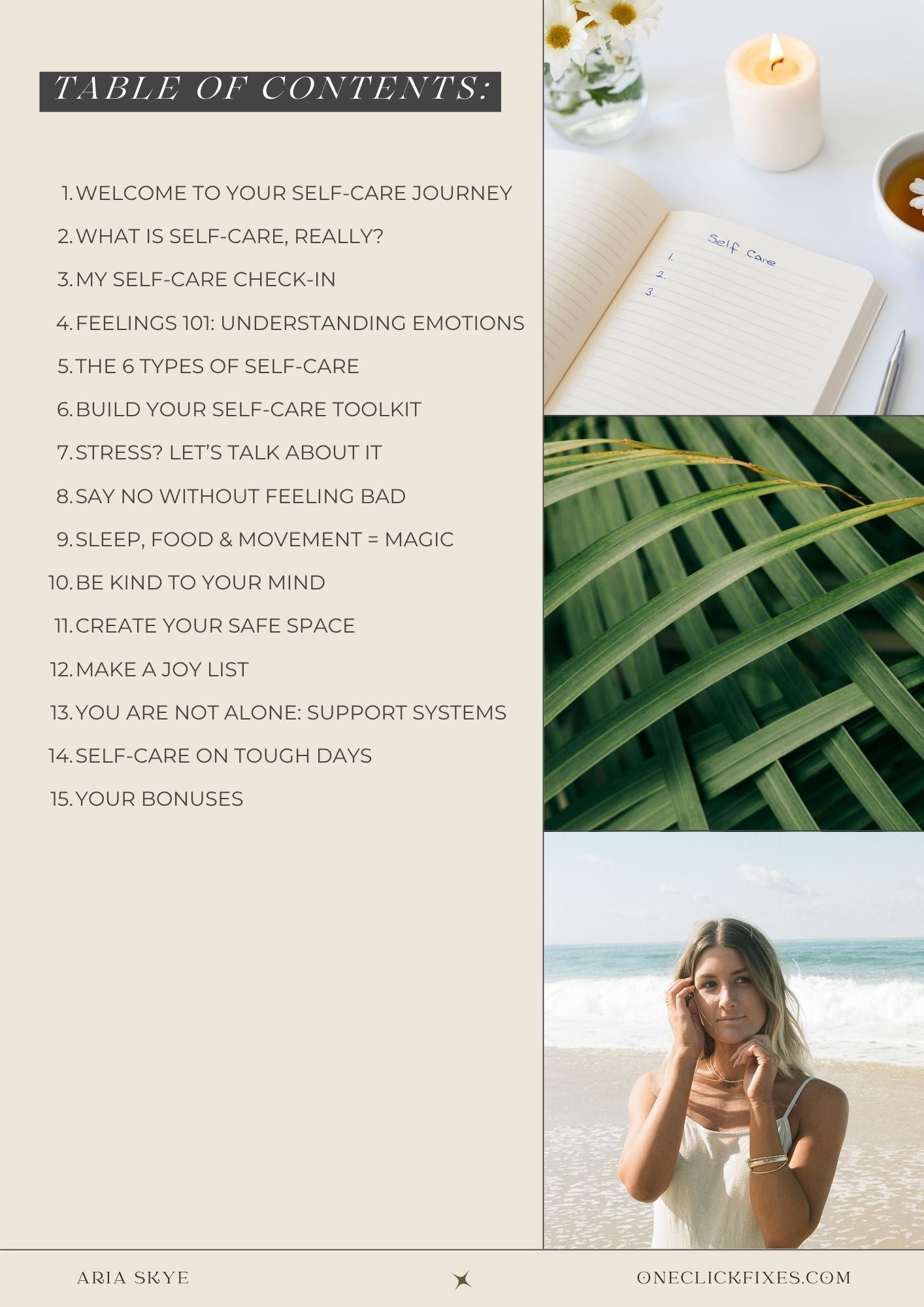 Table of contents for a self-care guide with images of a candle, notebook, and beach scene.