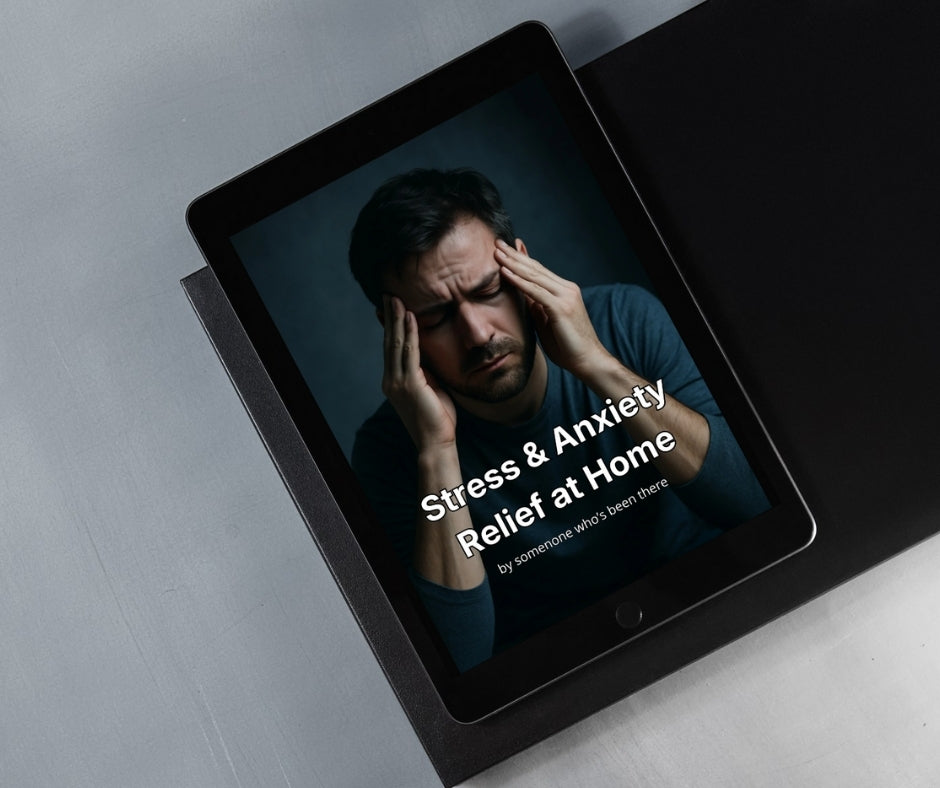 Tablet displaying a man with stress and anxiety on the screen, with text 'Stress & Anxiety Relief at Home'.
