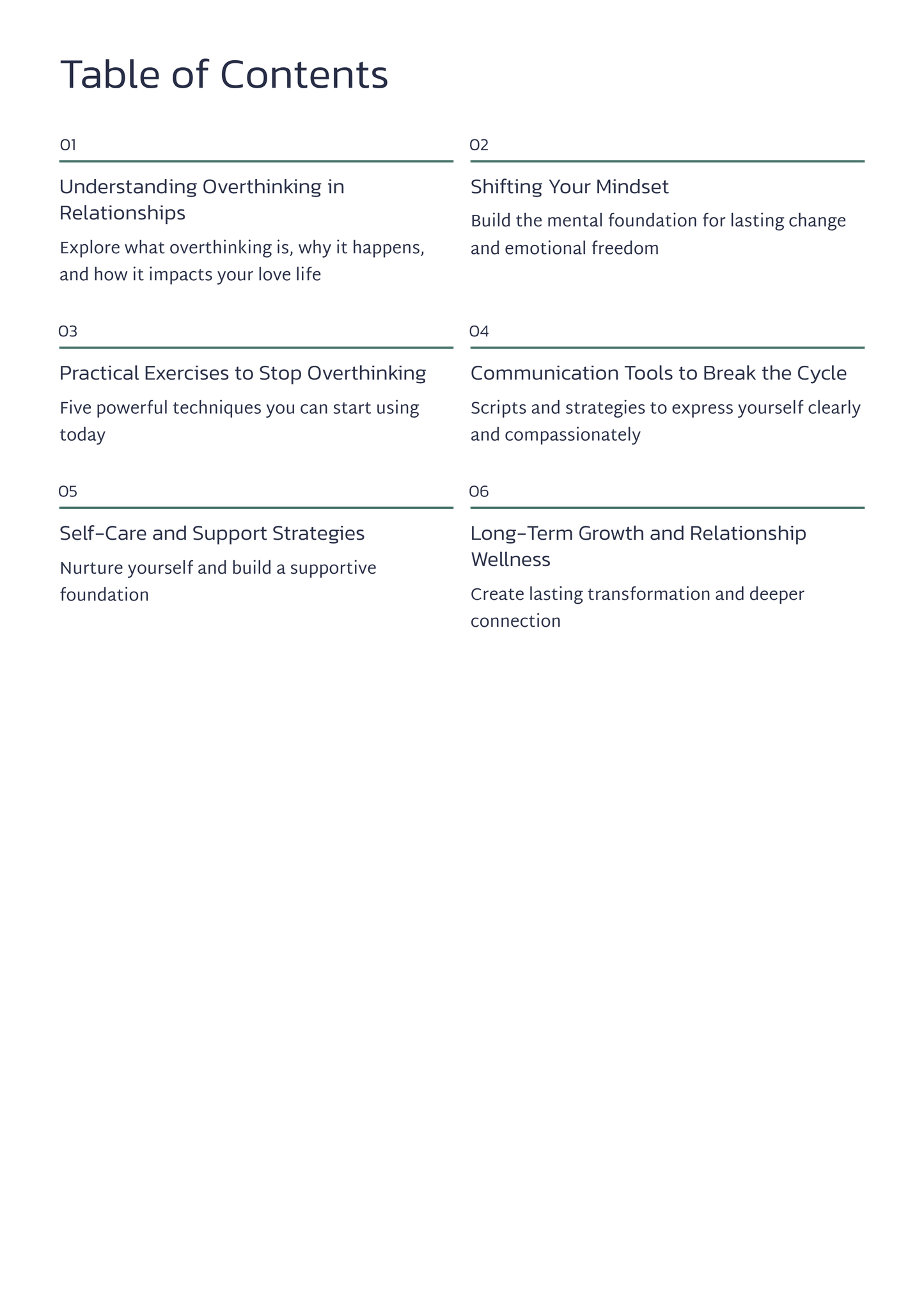 Table of contents for a book or resource on overcoming overthinking and improving relationships.