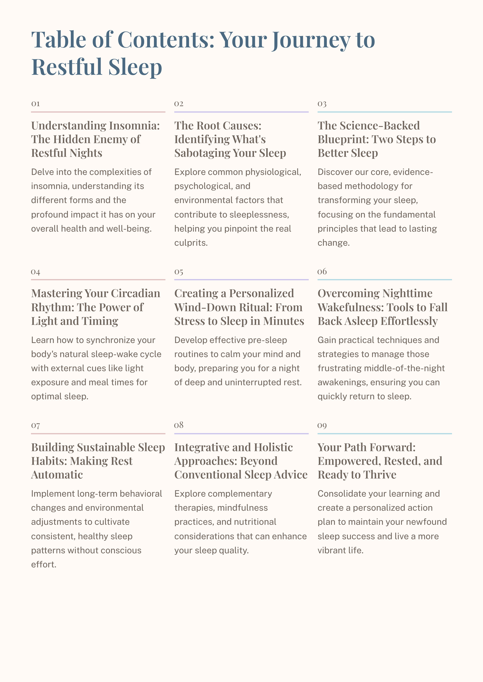 Table of contents for a book or resource on the journey to restful sleep.