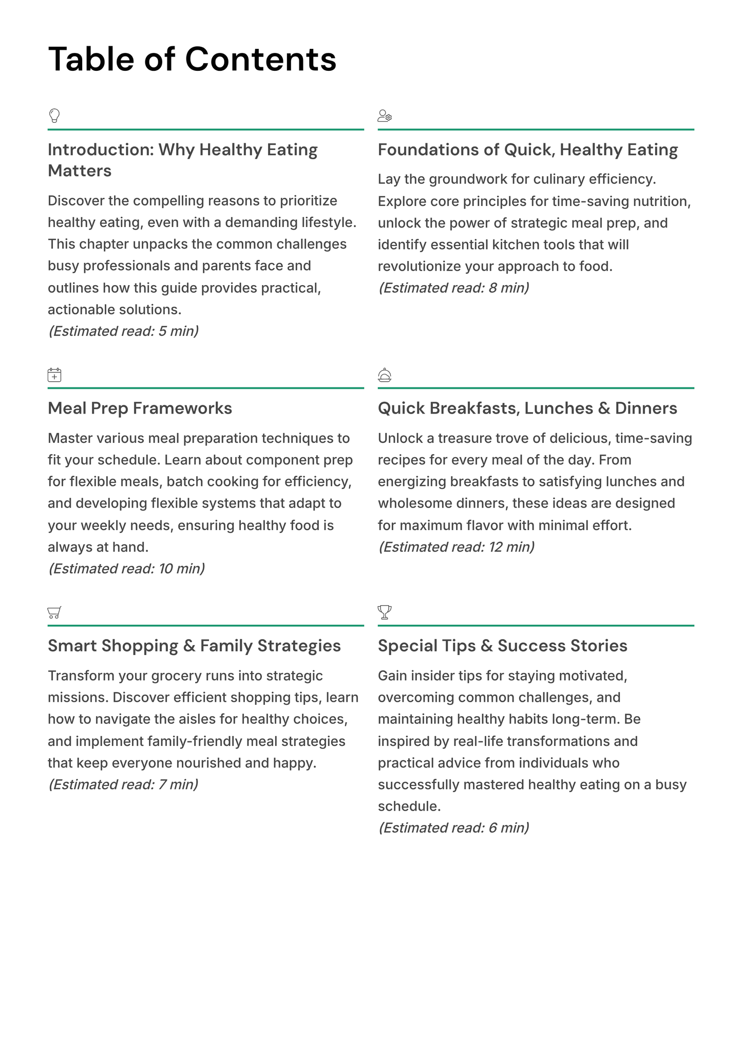 Table of contents for a book or resource on quick, healthy eating with various sections.