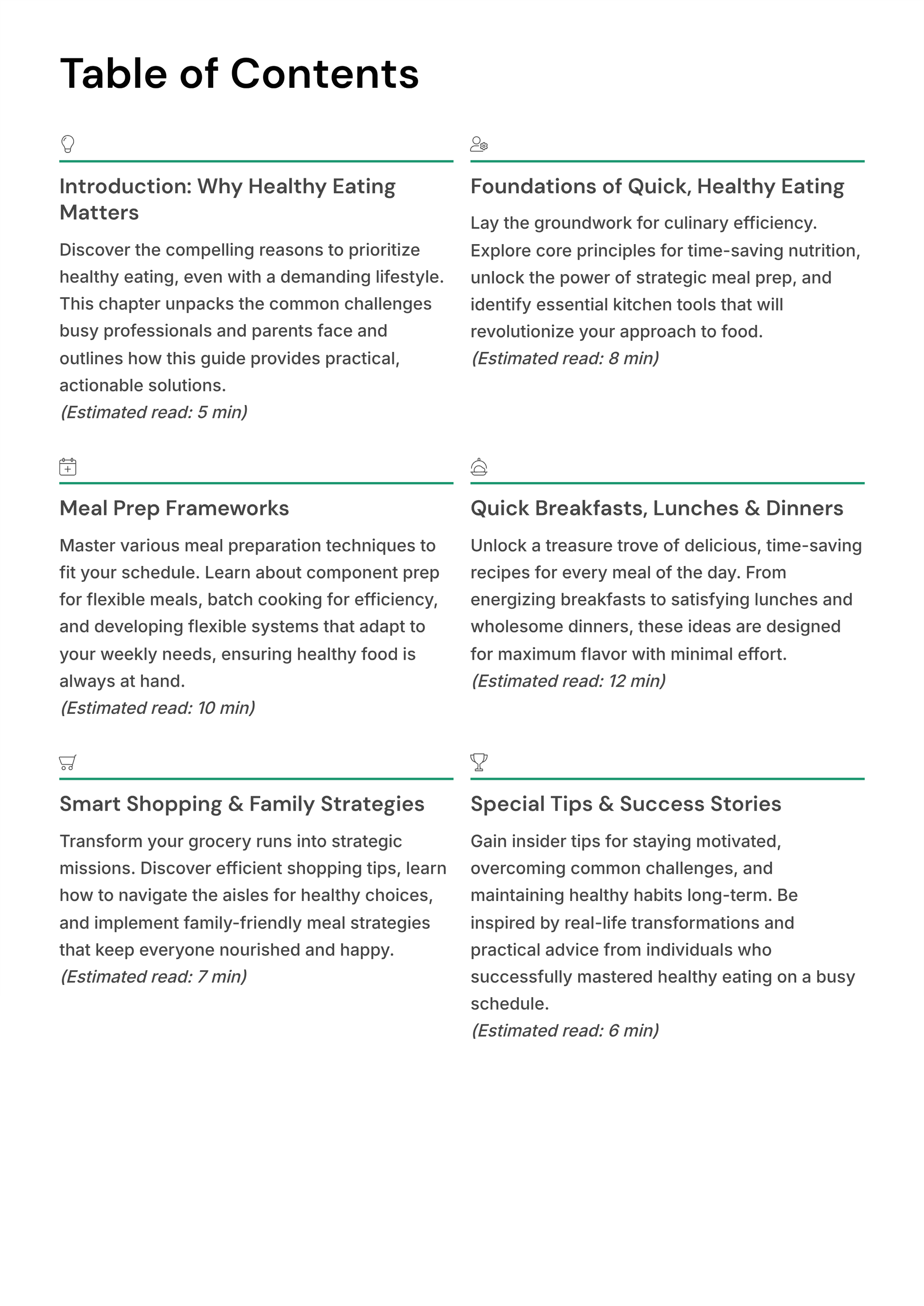 Table of contents for a book or resource on quick, healthy eating with various sections.
