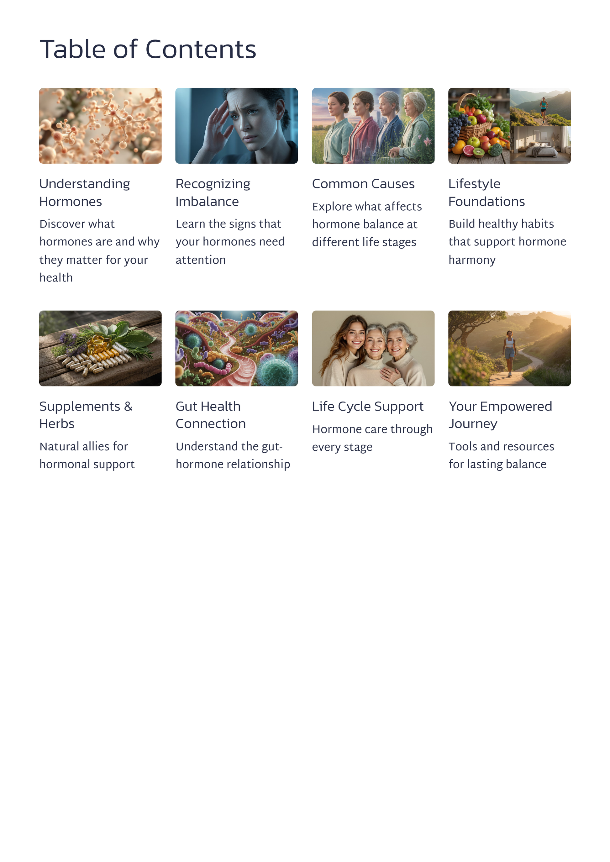 Table of contents for a health and wellness guide on hormones and lifestyle.