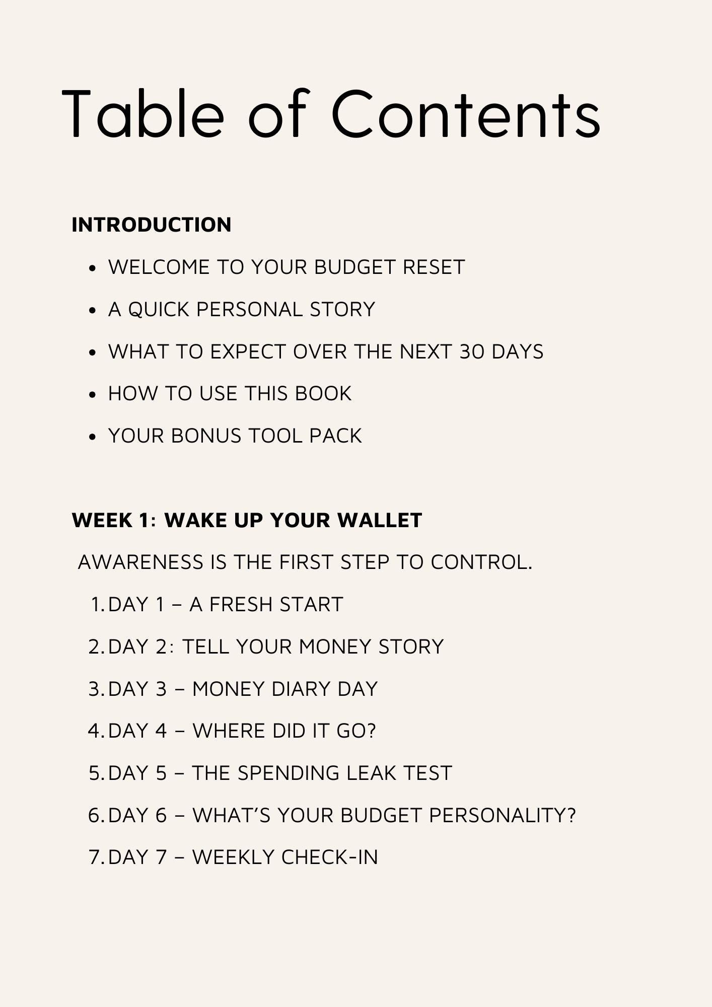 Table of contents for a budget reset book with black text on a white background