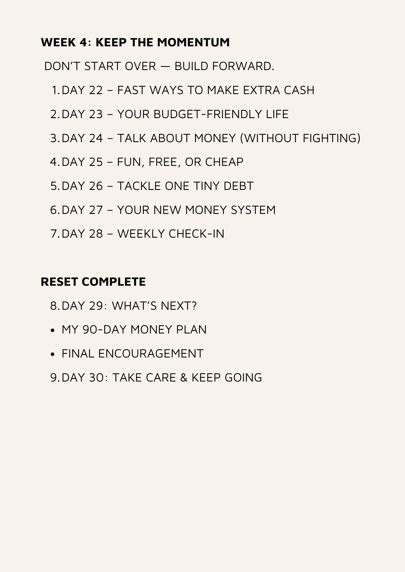 List of topics for a 30-day budget reset challenge on a white background