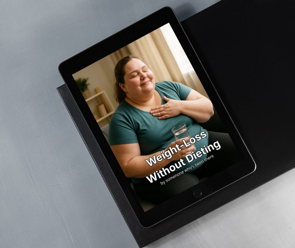 Tablet displaying a ebook cover titled 'Weight-Loss Without Dieting' on a gray surface.