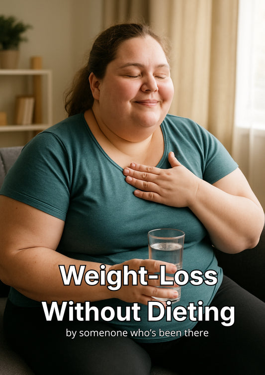 Woman holding a glass of water with text overlay about weight-loss without dieting.
