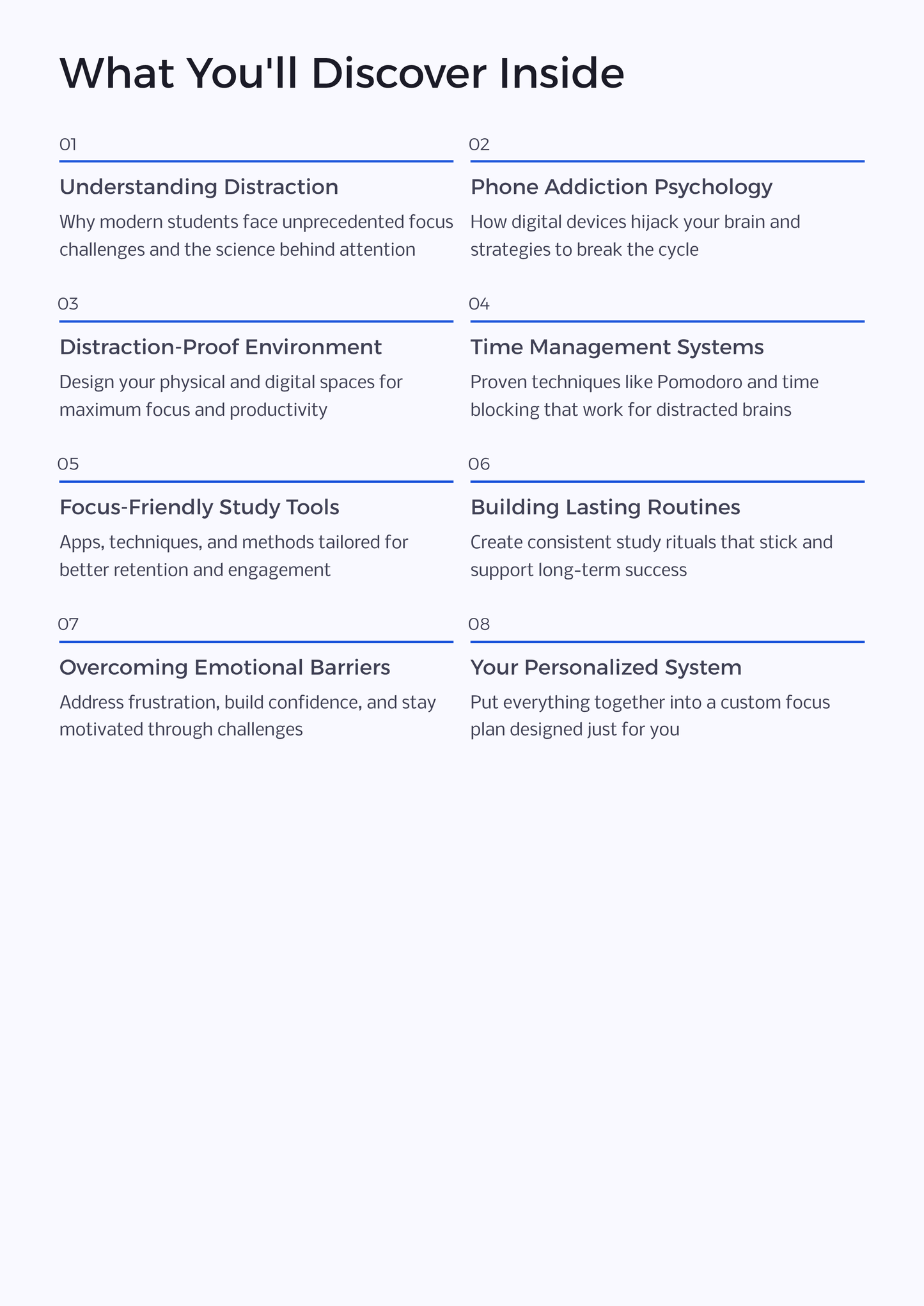 Table of contents for a book or resource on focus and productivity with topics listed.