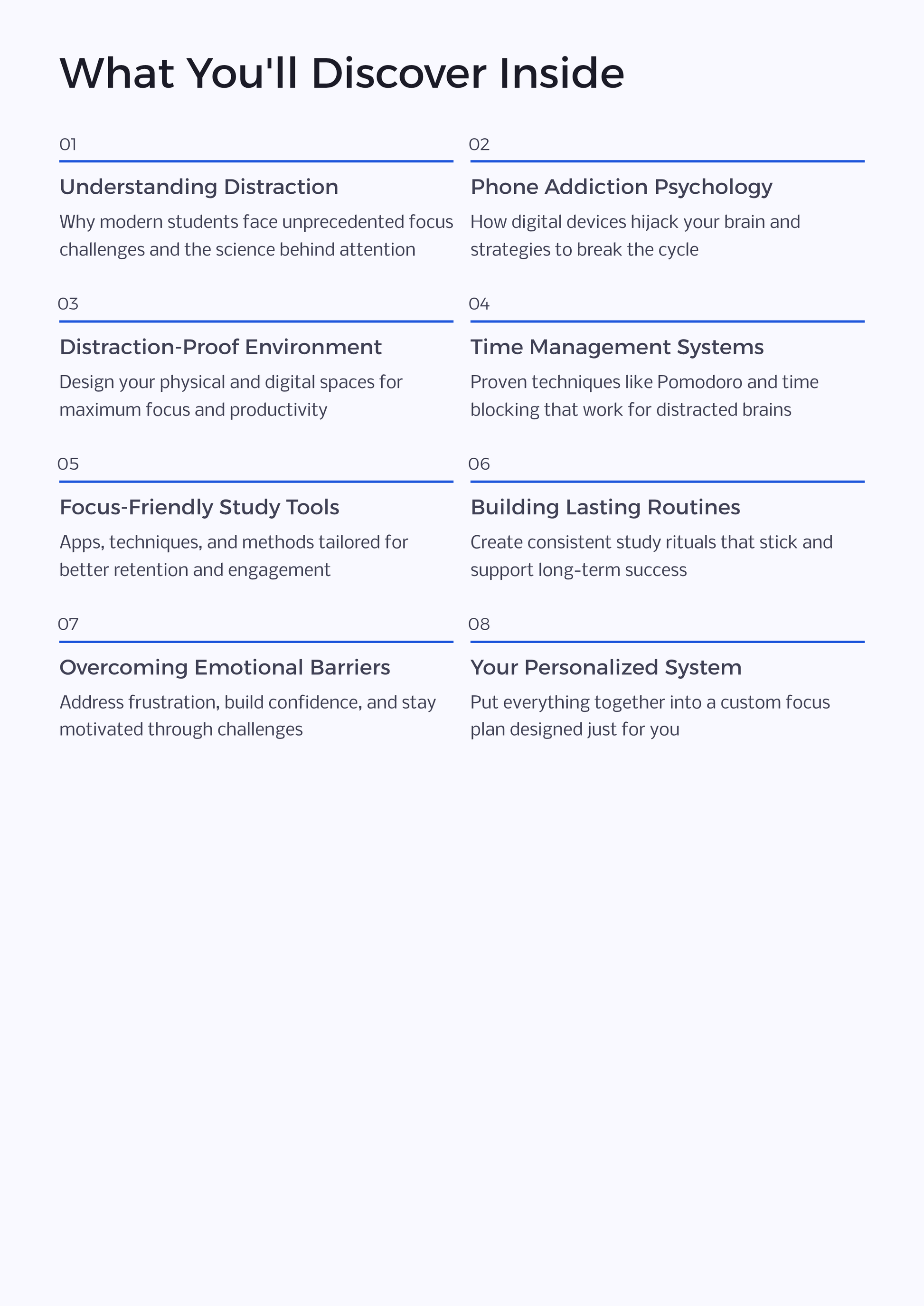 Table of contents for a book or resource on focus and productivity with topics listed.