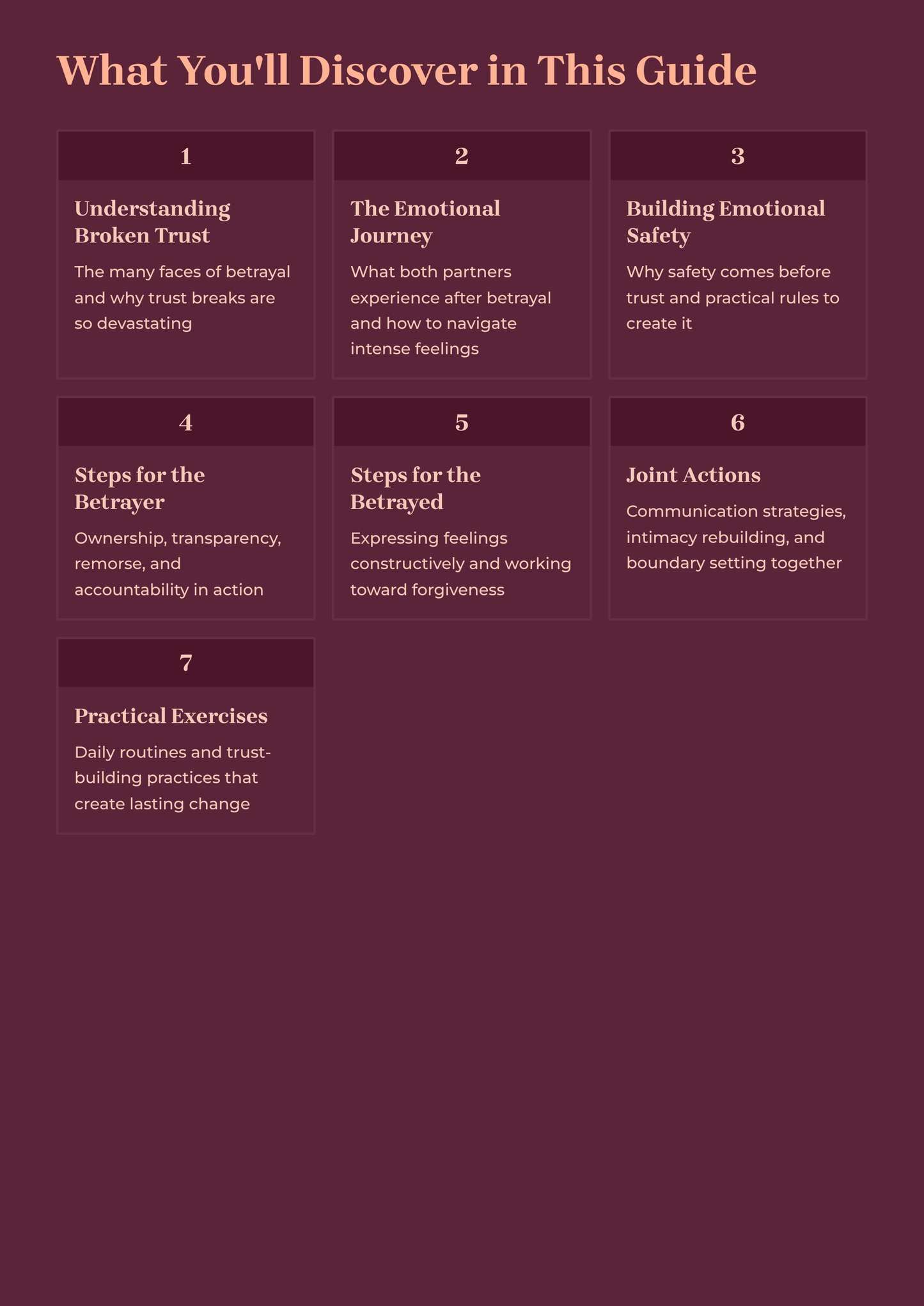 Table of contents for a guide on understanding broken trust and betrayal, with sections on emotional journey, safety, steps for the betrayer, and more.