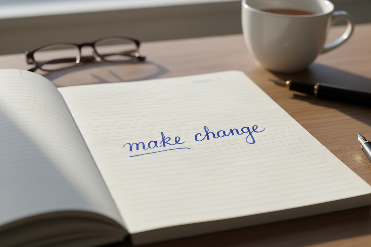 "make change" written in nootebook , realistic 